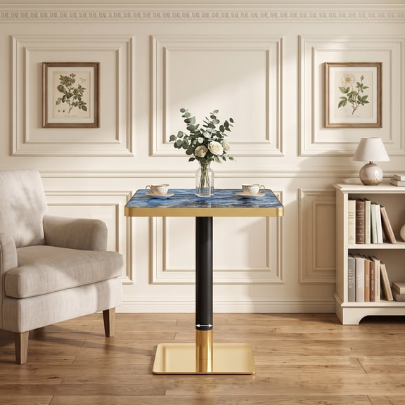 Modern Square Bistro Table, 23.7" Small Marble Dining Table, Glossy Blue Agate Finish, Gold Stainless Steel Edge, Carbon Steel Pedestal Base for Apartment & Small Spaces