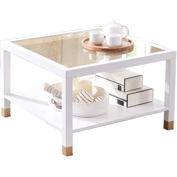 Modern Square Coffee Table - 27.6" Gold Glass Top Metal Frame Cocktail Table, Tempered Glass with Gold Mesh Layer, Easy-Clean Surface, Sturdy Steel Legs for Living Room, White+Gold