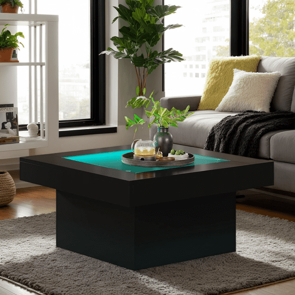 Modern Square Coffee Table with LED Lights, 35.4 Inch Tempered Glass Top Center Table, Black Engineered Wood Low Coffee Table for Living Room, Home Office