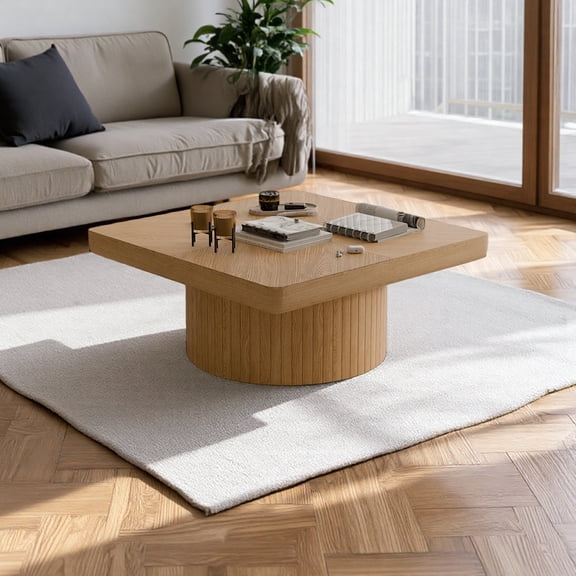 Modern Square Coffee Table for Living Room, 34.6 Inch Wood Veneer Top with Parquet Pattern, Thickened Tabletop & Cylindrical Base, Easy Assembly in Black, Perfect for Small Spaces