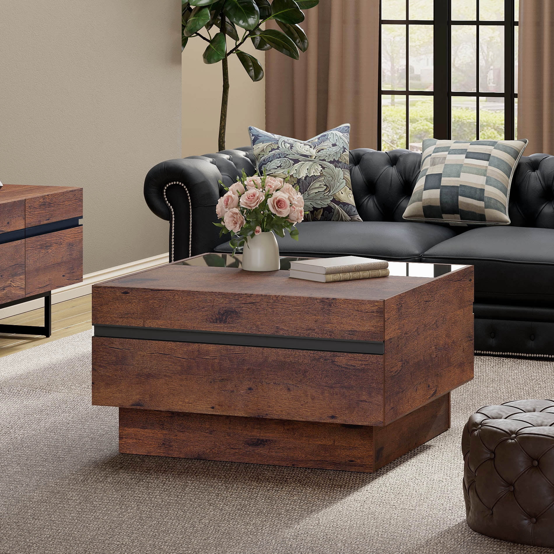 Modern Square Coffee Table with Tempered Glass Top,2 Drawer Hidden Storage, Walnut Wood Grain, Living Room Center Table,Brown