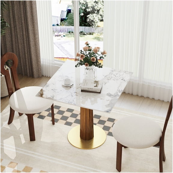 Modern Square Dining Table for 2 Person with Sintered Stone Top and Gold Base, Small Kitchen Table for Breakfast Nook, Home Office Desk, Minimalist Decor