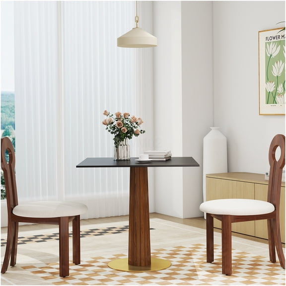 Modern Square Dining Table for 2 Person, Small Space Kitchen Table with Sintered Stone Top, Wooden Legs & Gold Base, Contemporary Breakfast Nook Table