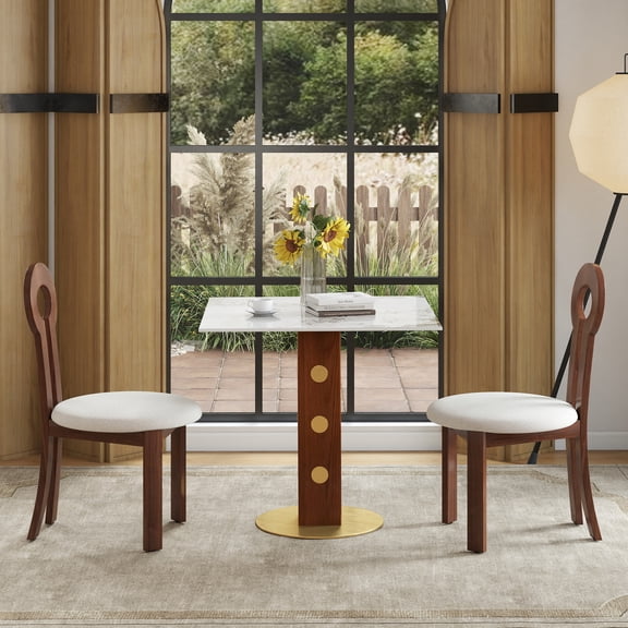 Modern Square Dining Table, 33.5" Sintered Stone Table with Wooden Leg & Gold Base, 2 - Person Kitchen Table for Small Space, 150lbs Weight Capacity(O
