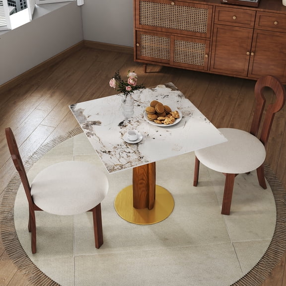 Modern Square Dining Table, 33.5" Sintered Stone Table with Wooden Leg & Gold Base, 2 - Person Kitchen Table for Small Space, 150lbs Weight Capacity(Only the Negotiation Table)