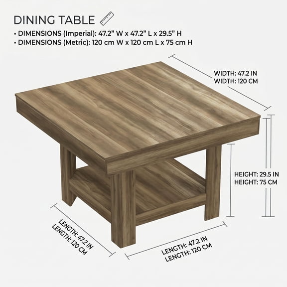 TENSAKEE Modern Square Dining Table for 4-6, Triangle Anti-Wobble Legs & 2-Tier Storage Shelf, Heavy Duty Waterproof MDF, Wood Finish