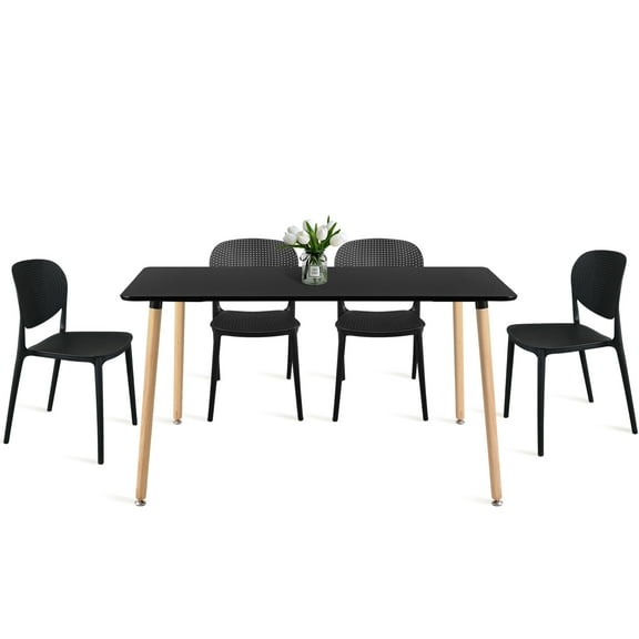 Modern Square Dining Table Set for 4, Mid-Century Dining Table and Chairs Set for Kitchen, Dining Room, Office, Cafe, Restaurant (Black)
