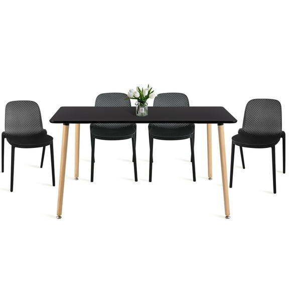 Modern Square Dining Table Set for 4, Mid-Century Dining Table and Chairs Set for Kitchen, Dining Room, Office, Cafe, Restaurant (Black)