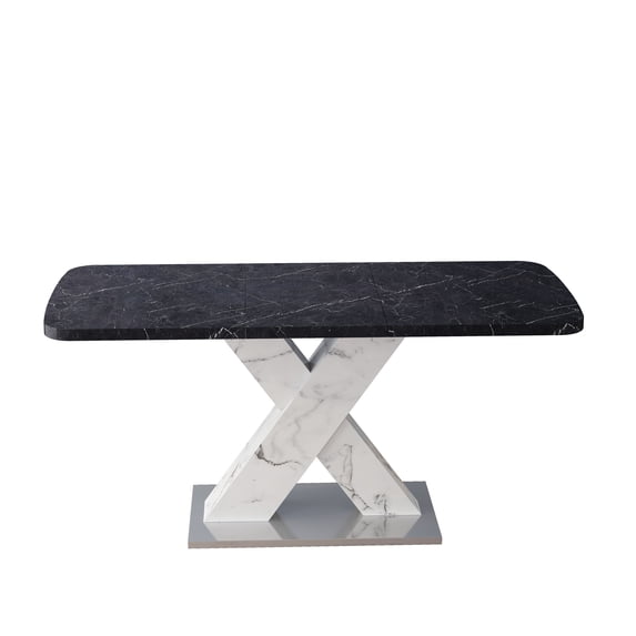 Modern Square Dining Table, Stretchable, Black Marble Table Top+MDF White X-Shape Table Leg with Metal Base