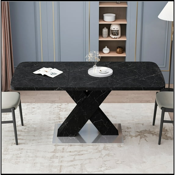 Modern Square Dining Table,Stretchable,Printed Black Marble Table Top+MDF X-Shape Table Leg with Metal Base