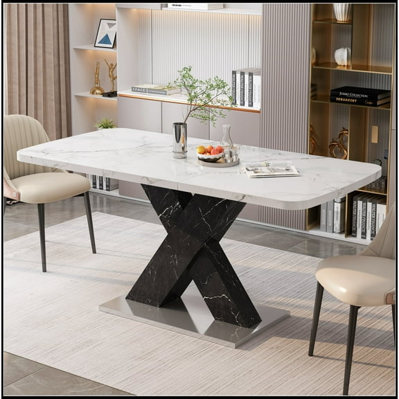 Modern Square Dining Table, Stretchable, Printed White Marble Table Top+MDF Black X-Shape Table Leg with Metal Base