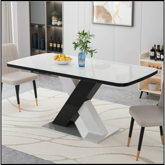 Modern Square Dining Table, Stretchable, White Table Top+MDF X-Shape Black and White Color Table Leg with Metal Base