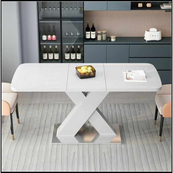 Modern Square Dining Table, Stretchable, White Table Top+MDF X-Shape Table Leg with Metal Base