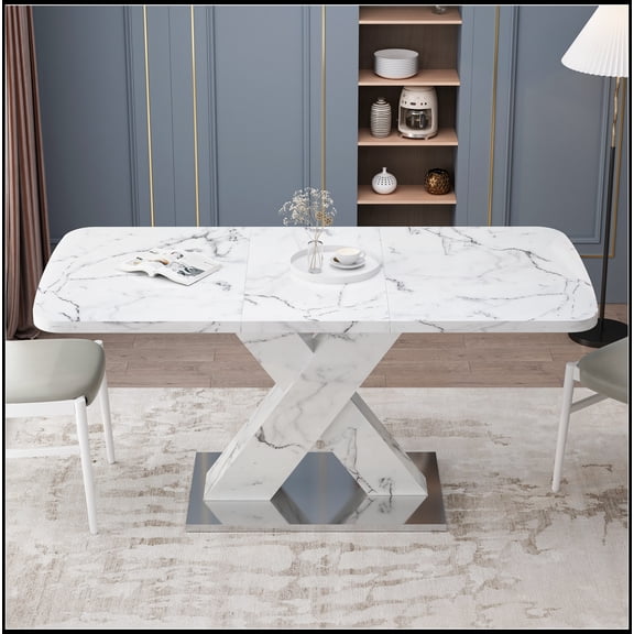 Modern Square Dining Table, Stretchable, white Marble Table Top+MDF X-Shape Table Leg with Metal Base