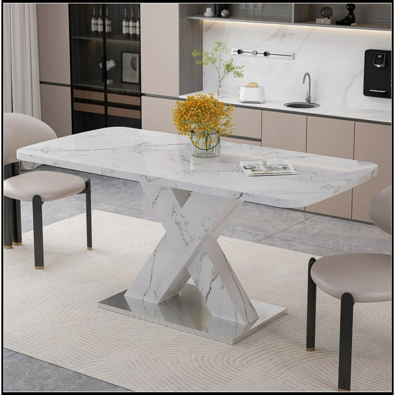 Modern Square Dining Table, Stretchable, with Printed White Marble Table Top+MDF X-Shape Table Leg with Metal Base
