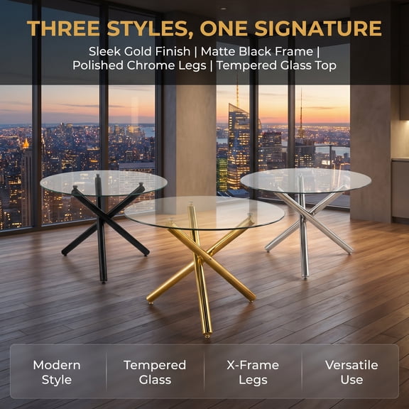 Modern Square Dining Table with Tempered Glass Top and Sturdy Metal Legs, Contemporary Space Saving Kitchen Table for Dining Room, Living Room, Kitchen & Small Spaces
