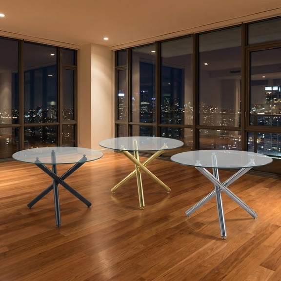 Modern Square Dining Table with Tempered Glass Top and Sturdy Metal Legs, Contemporary Space Saving Kitchen Table for Dining Room, Living Room, Kitchen & Small Spaces