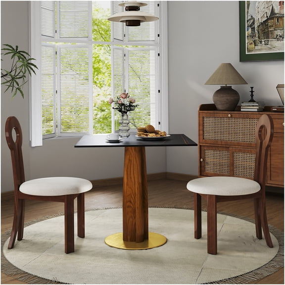 Modern Square Dining Table for Small Space with Gold Base, Sintered Stone Top and Wooden Legs, 2-Person Kitchen Table for Breakfast Nook or Office