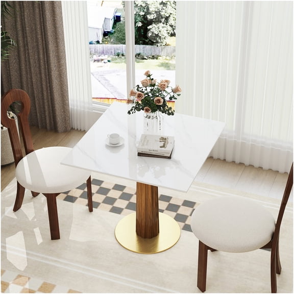Modern Square Dining Table for Small Spaces, Sintered Stone Top with Wooden Legs and Gold Base, 2-Person Kitchen Table