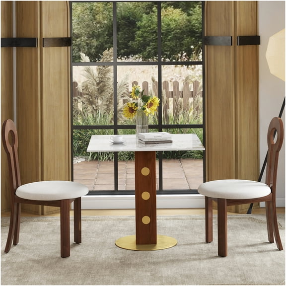 Modern Square Dining Table for Small Spaces with Gold Base, Sintered Stone Top and Wooden Legs for Kitchen, Breakfast Nook or Office