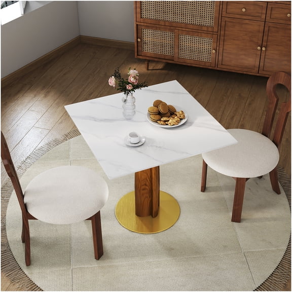 Modern Square Dining Table with Gold Base, 33.5 Inch Sintered Stone and Wood Kitchen Table for Two, Small Space Breakfast Nook Table for Apartments