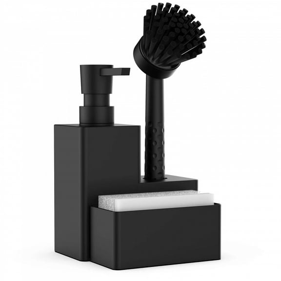 Modern Square Dish Soap Dispenser with Sponge Holder and Brush 3 in 1 Set for Kitchen Sink Countertop Organizer Matte Black