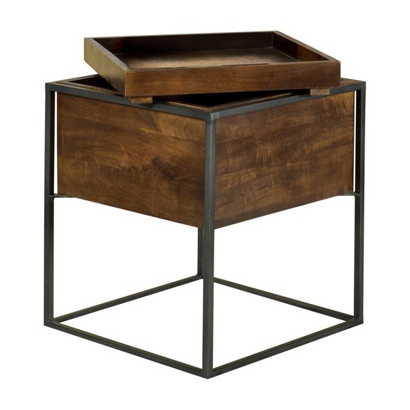 Modern Square End Table with Hidden Storage, Dark Brown Mango Wood and Gray Iron Frame, 14 Inch