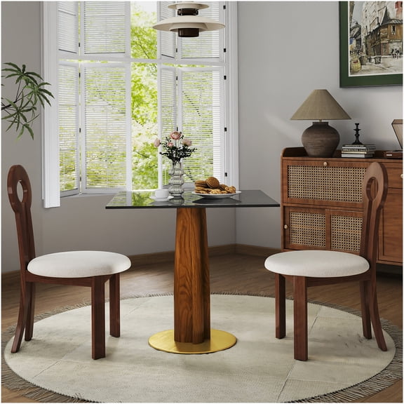 Modern Square Glass Dining Table for 2 Person with Wooden Legs and Gold Base, Small Kitchen Table for Breakfast Nook, Compact Bistro Table for Small Spaces