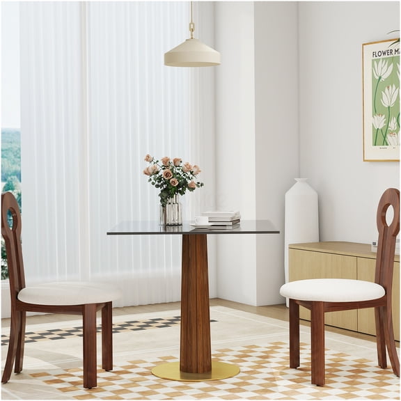 Modern Square Glass Dining Table with Gold Base & Wood Leg, Small Space Kitchen Table for 2 Person, Minimalist Breakfast Nook Table