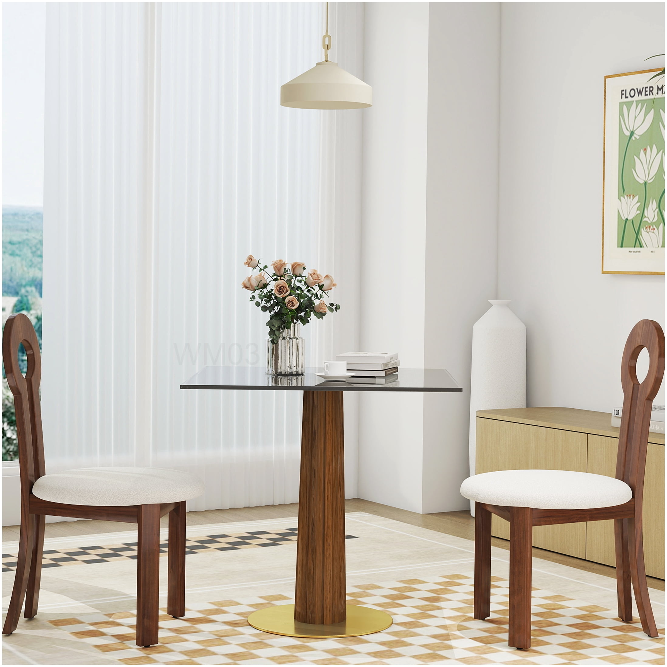 Square Tempered Glass Kitchen Table with Wooden Legs, Gold Base Modern ...