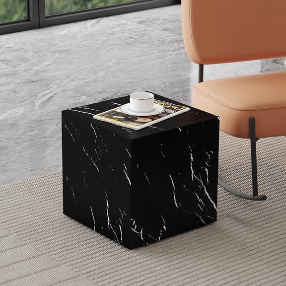 Modern Square MDF Coffee Table for Living Room, Wood Grain Faux Marble Cube Center Table Side Table End Table for Bedroom Home Office (Black)