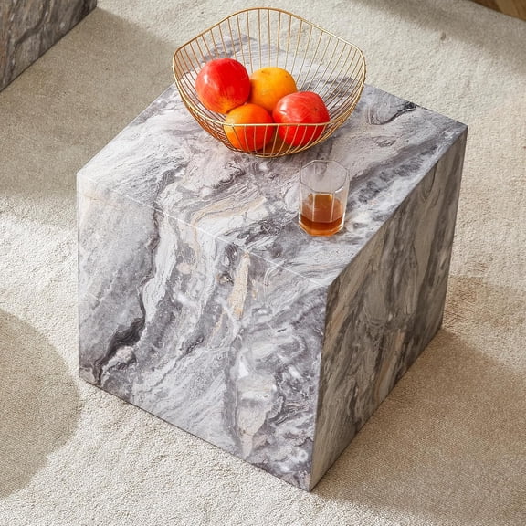 Modern Square MDF Coffee Table for Living Room, Wood Grain Faux Marble Cube Center Table Side Table End Table for Bedroom Home Office (Gray)