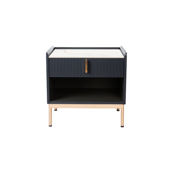 Modern Square Night Stand With White/grey Stone Surface And Gold Frame - Lacquer Finish For Bedroom White + Gray End Table Base Contemporary Design