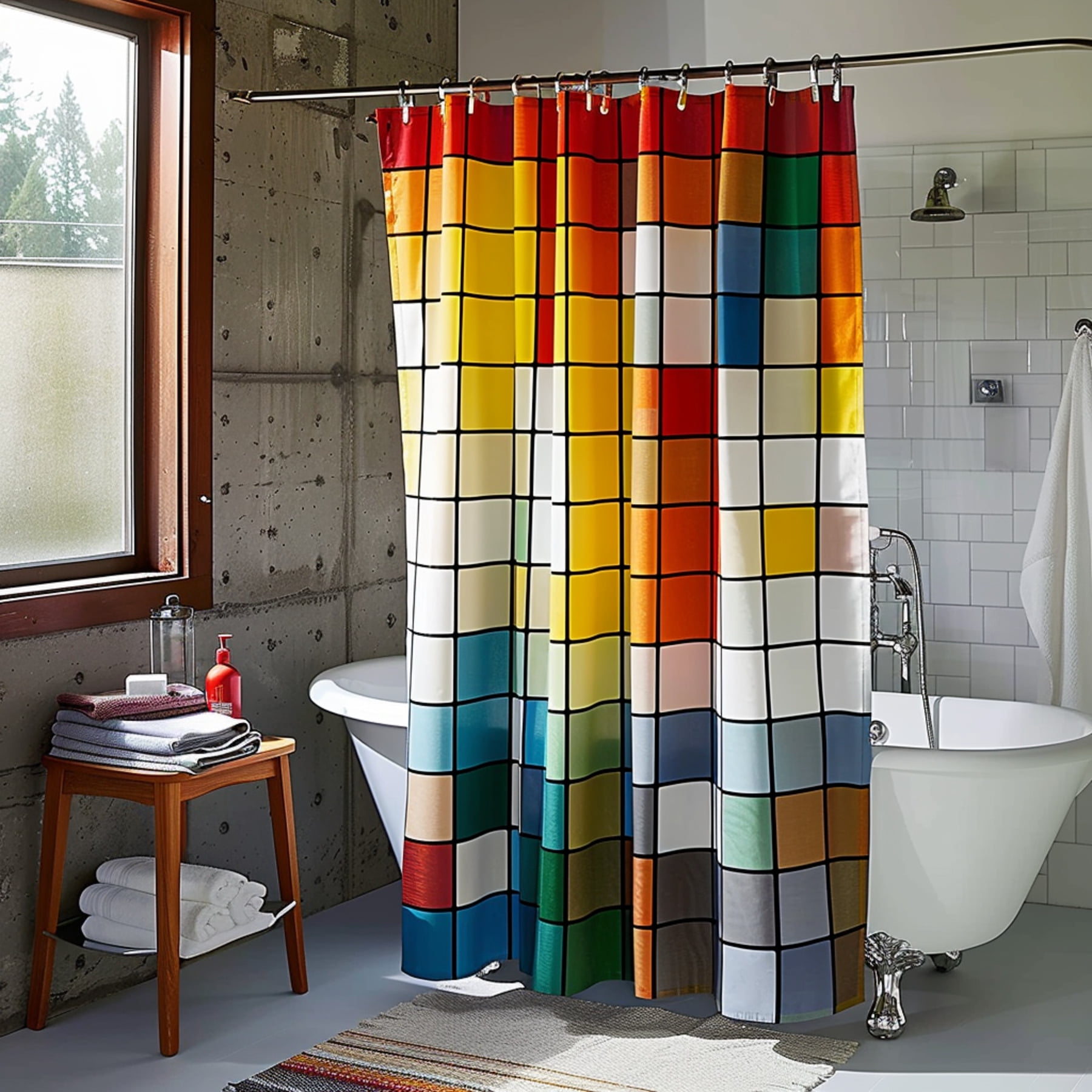 Modern Square Patterned Colorful Bathroom Curtain Bright Unique Design