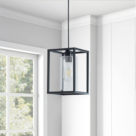 Modern Square Pendant Lighting with Cylinder Clear Glass Shade Industrial Retro Black Rectangle Metal Cage Ceiling Lamp Farmhouse Hanging Light Fixtures for Kitchen Island Living Room Dining Room