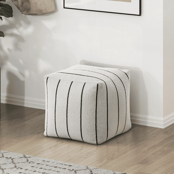Modern Square Pouf in Off-White Jacquard Fabric, Non-Slip, 1pc Sitting Pouf (Bean Bag Chair)