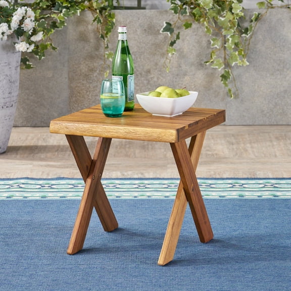 Modern Square Side Table, Outdoor Wooden End Tables, Acacia Wood Tables With Cross Base, Rustic Small Coffee Table For Backyard, Garden, Patio