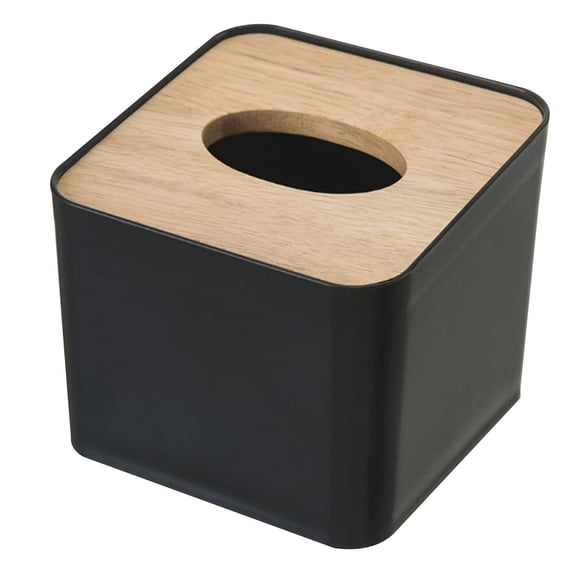 Modern Square Tissue Box Cover with Wood Top and Metal Base, Slanted Opening Mini Tissue Holder for Bathroom Vanity, Living Room, Bedside Nightstand and Desk 9.5*9.5*8CM