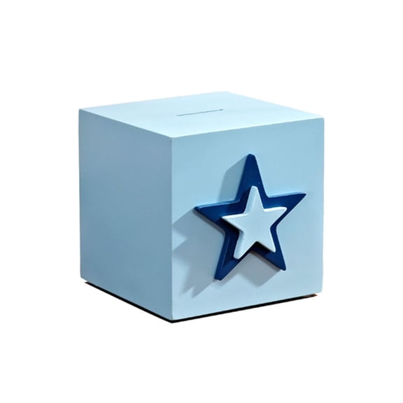 Modern Square Wooden Piggy Bank with Star Design - Standard Blue