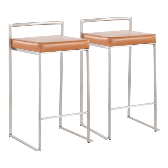 Modern Stackable Bar Stools  2-Piece Set with Camel Faux Leather Seat & Stainless Steel Frame