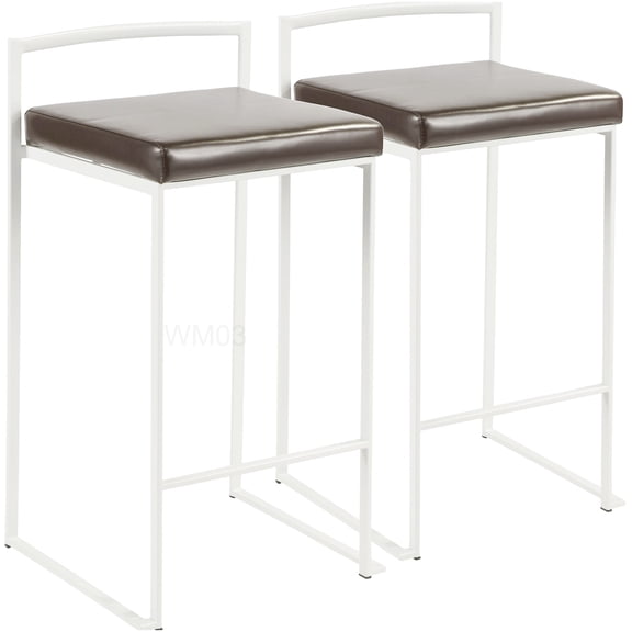 Modern Stackable Bar Stools Set of 2 with Faux Leather Cushion, White and Brown for Counter Height
