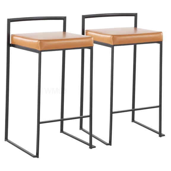 Modern Stackable Counter Stool Set of 2, Upholstered Faux Leather Seat in Camel