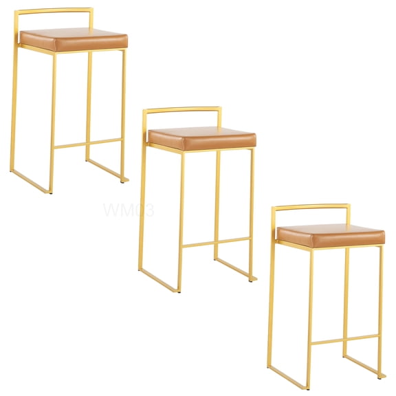 Modern Stackable Counter Stool Set of 3, Gold Frame & Camel Faux Leather Cushion