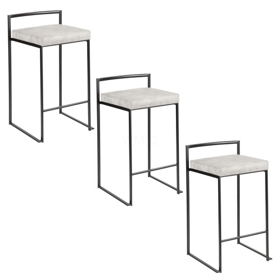Modern Stackable Counter Stools Set of 3, Grey Fabric Upholstered Padded Seats, Black Metal Frame, Counter Height Bar Stools for Kitchen Island, Dining, Entertainment