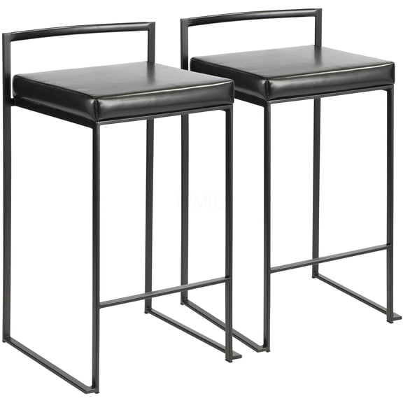 Modern Stackable Counter Stools Set of 2, Black Faux Leather Upholstered Bar Stools with Padded Seat for Kitchen Island, Dining&Entertaining
