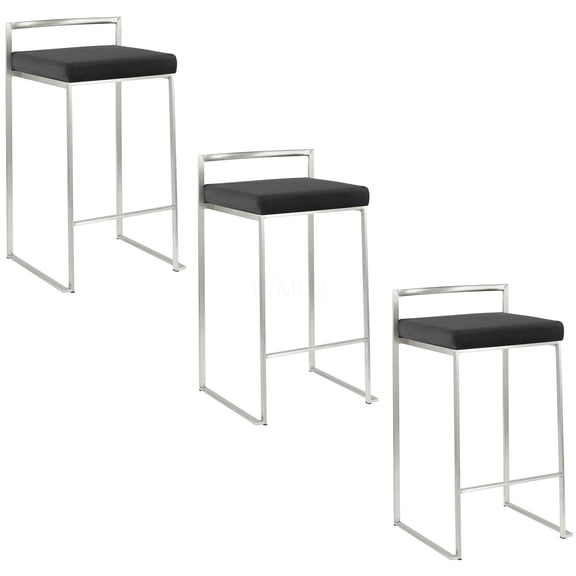 Modern Stackable Counter Stools Set of 3 with Black Velvet Cushion and Stainless Steel Frame
