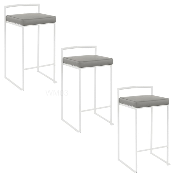 Modern Stackable Counter Stools, Set of 3 with Grey Faux Leather Cushion and White Metal Frame, 26 Inch Height