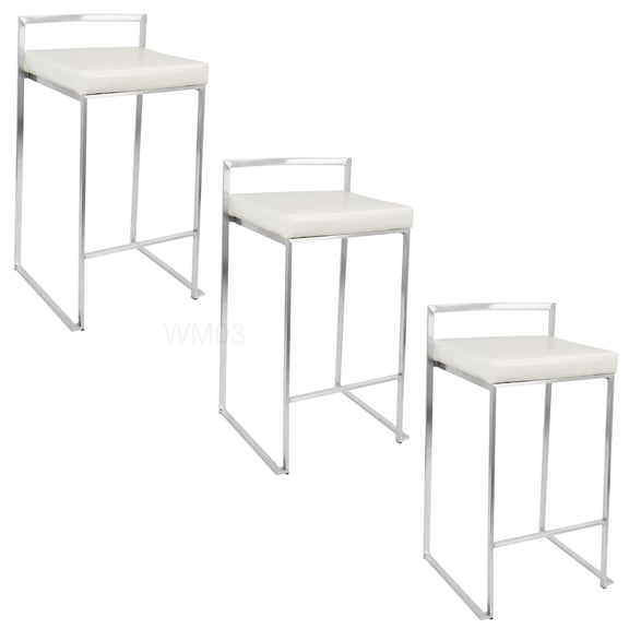 Modern Stackable Counter Stools, Set of 3 with White PU Leather Seats and Brushed Metal Legs