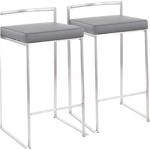 Modern Stackable Counter Stools with Gray Faux Leather Seat Cushions, Set of 2 for Kitchen Island & Breakfast Bar