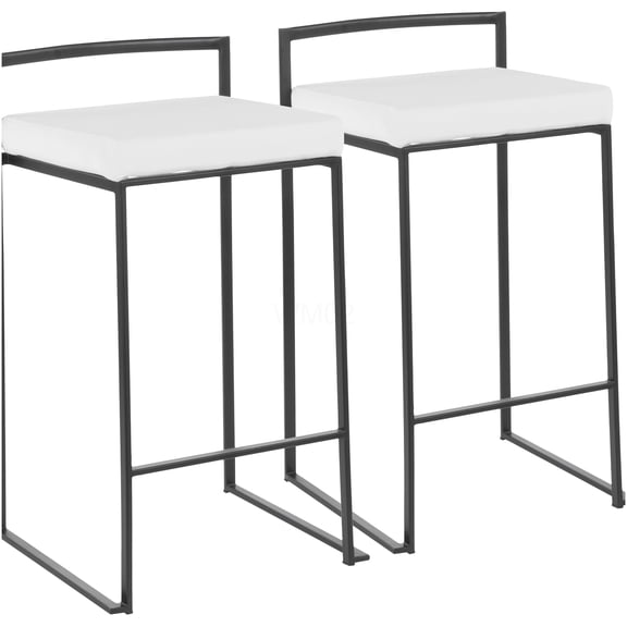Modern Stackable Counter Stools with Velvet Cushions, Set of 2, Black Frame and White Upholstery